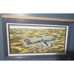 H. Hargrove Signed Framed Painting With Biplane & Hot Air Balloons Over Rural